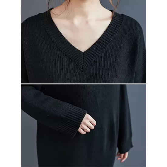 Loose Casual Solid Color V-Neck Long Sleeves Knitted Midi Dress Loose Casual Solid Color V-Neck Long Sleeves Knitted Midi Dress