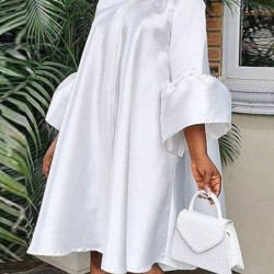 Urban Buttoned Solid Color Stand Collar Flared Sleeve Loose Midi Dress
