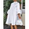 Urban Buttoned Solid Color Stand Collar Flared Sleeve Loose Midi Dress