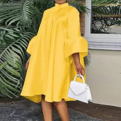 Urban Buttoned Solid Color Stand Collar Flared Sleeve Loose Midi Dress