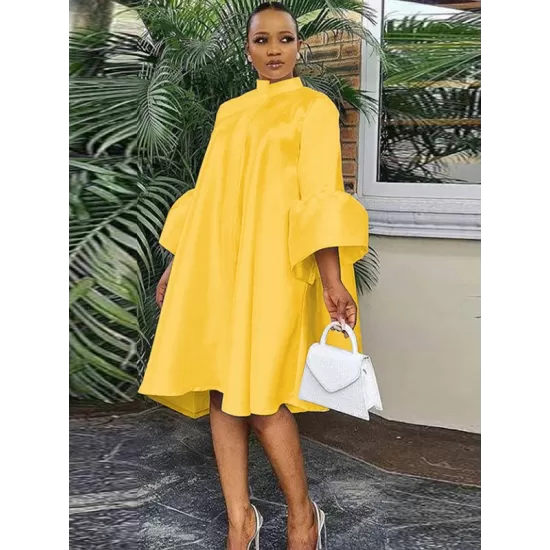 Urban Buttoned Solid Color Stand Collar Flared Sleeve Loose Midi Dress Urban Buttoned Solid Color Stand Collar Flared Sleeve Loose Midi Dress