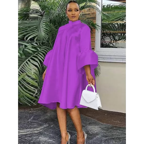 Urban Buttoned Solid Color Stand Collar Flared Sleeve Loose Midi Dress Urban Buttoned Solid Color Stand Collar Flared Sleeve Loose Midi Dress