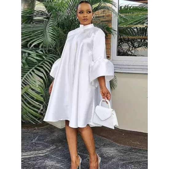 Urban Buttoned Solid Color Stand Collar Flared Sleeve Loose Midi Dress Urban Buttoned Solid Color Stand Collar Flared Sleeve Loose Midi Dress