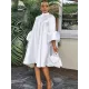 Urban Buttoned Solid Color Stand Collar Flared Sleeve Loose Midi Dress Urban Buttoned Solid Color Stand Collar Flared Sleeve Loose Midi Dress
