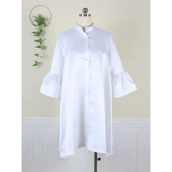 Urban Buttoned Solid Color Stand Collar Flared Sleeve Loose Midi Dress Urban Buttoned Solid Color Stand Collar Flared Sleeve Loose Midi Dress