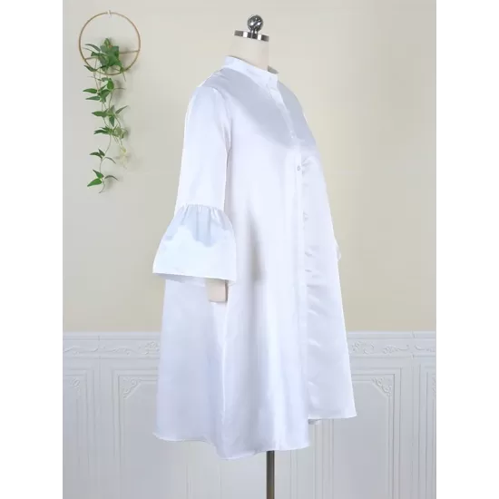 Urban Buttoned Solid Color Stand Collar Flared Sleeve Loose Midi Dress Urban Buttoned Solid Color Stand Collar Flared Sleeve Loose Midi Dress