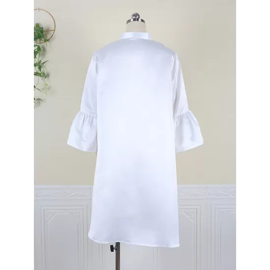 Urban Buttoned Solid Color Stand Collar Flared Sleeve Loose Midi Dress Urban Buttoned Solid Color Stand Collar Flared Sleeve Loose Midi Dress