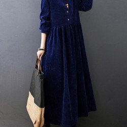 Vintage Split-Joint Solid Color Long Sleeves Lapel A-Line Corduroy Midi Dress
