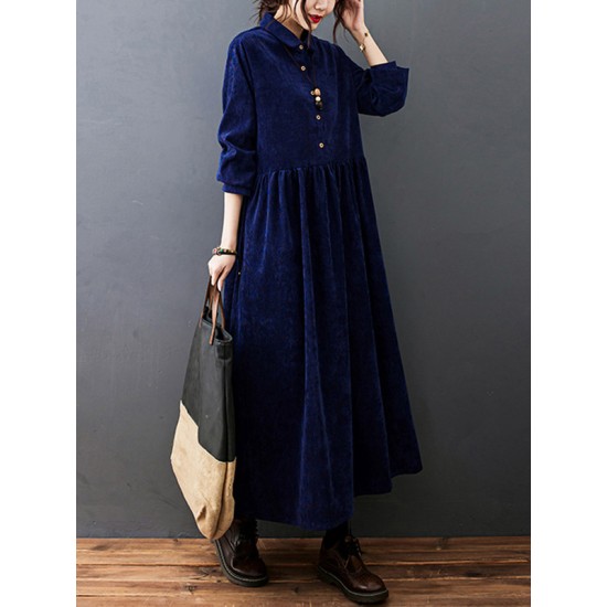 Vintage Split-Joint Solid Color Long Sleeves Lapel A-Line Corduroy Midi Dress Vintage Split-Joint Solid Color Long Sleeves Lapel A-Line Corduroy Midi Dress