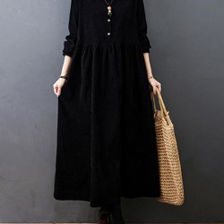 Vintage Split-Joint Solid Color Long Sleeves Lapel A-Line Corduroy Midi Dress