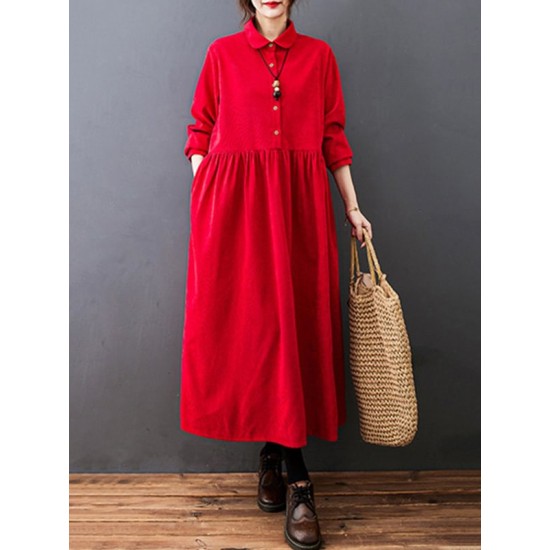 Vintage Split-Joint Solid Color Long Sleeves Lapel A-Line Corduroy Midi Dress Vintage Split-Joint Solid Color Long Sleeves Lapel A-Line Corduroy Midi Dress
