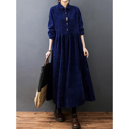 Vintage Split-Joint Solid Color Long Sleeves Lapel A-Line Corduroy Midi Dress Vintage Split-Joint Solid Color Long Sleeves Lapel A-Line Corduroy Midi Dress
