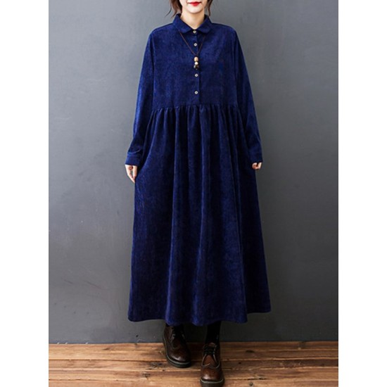 Vintage Split-Joint Solid Color Long Sleeves Lapel A-Line Corduroy Midi Dress Vintage Split-Joint Solid Color Long Sleeves Lapel A-Line Corduroy Midi Dress