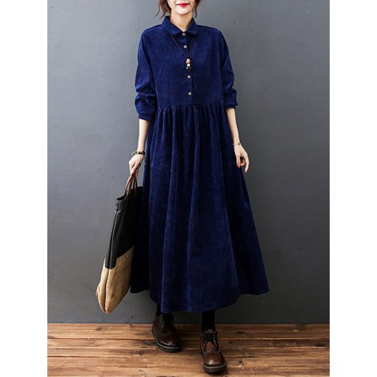Vintage Split-Joint Solid Color Long Sleeves Lapel A-Line Corduroy Midi Dress Vintage Split-Joint Solid Color Long Sleeves Lapel A-Line Corduroy Midi Dress