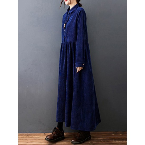Vintage Split-Joint Solid Color Long Sleeves Lapel A-Line Corduroy Midi Dress Vintage Split-Joint Solid Color Long Sleeves Lapel A-Line Corduroy Midi Dress