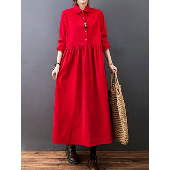 Vintage Split-Joint Solid Color Long Sleeves Lapel A-Line Corduroy Midi Dress Vintage Split-Joint Solid Color Long Sleeves Lapel A-Line Corduroy Midi Dress