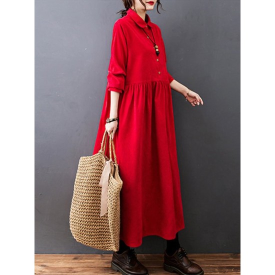 Vintage Split-Joint Solid Color Long Sleeves Lapel A-Line Corduroy Midi Dress Vintage Split-Joint Solid Color Long Sleeves Lapel A-Line Corduroy Midi Dress