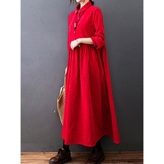 Vintage Split-Joint Solid Color Long Sleeves Lapel A-Line Corduroy Midi Dress Vintage Split-Joint Solid Color Long Sleeves Lapel A-Line Corduroy Midi Dress
