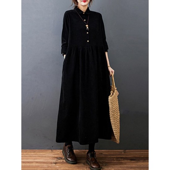 Vintage Split-Joint Solid Color Long Sleeves Lapel A-Line Corduroy Midi Dress Vintage Split-Joint Solid Color Long Sleeves Lapel A-Line Corduroy Midi Dress