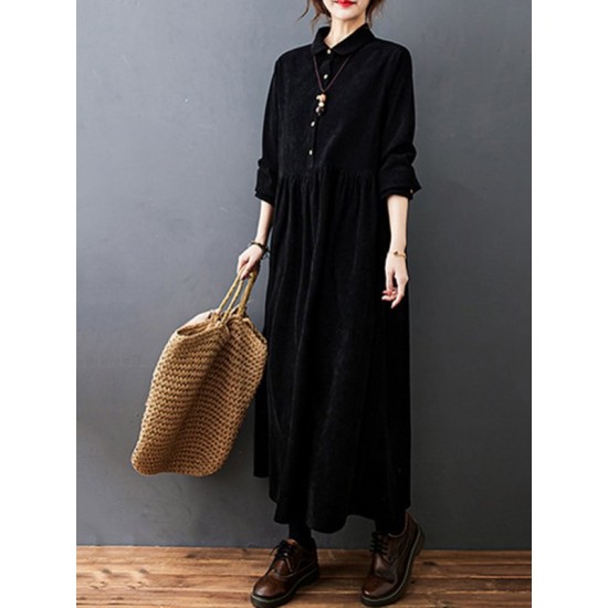 Vintage Split-Joint Solid Color Long Sleeves Lapel A-Line Corduroy Midi Dress Vintage Split-Joint Solid Color Long Sleeves Lapel A-Line Corduroy Midi Dress
