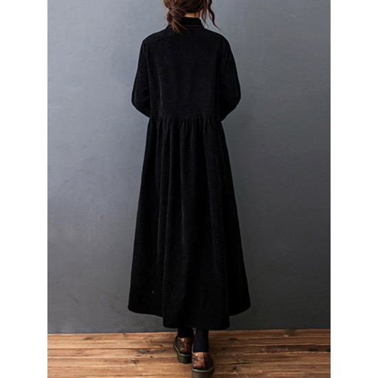 Vintage Split-Joint Solid Color Long Sleeves Lapel A-Line Corduroy Midi Dress Vintage Split-Joint Solid Color Long Sleeves Lapel A-Line Corduroy Midi Dress