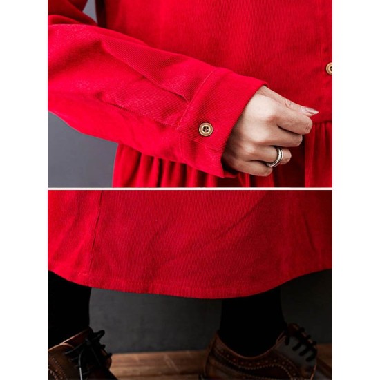 Vintage Split-Joint Solid Color Long Sleeves Lapel A-Line Corduroy Midi Dress Vintage Split-Joint Solid Color Long Sleeves Lapel A-Line Corduroy Midi Dress