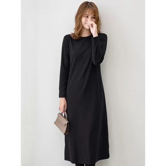 Simple Solid Color Round-Neck A-Line Midi Dress Simple Solid Color Round-Neck A-Line Midi Dress