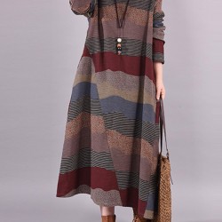 Artistic Retro Loose Ramie Cotton Striped Multi-Colored Round-Neck Long Sleeves Midi Dress