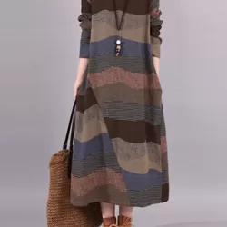 Artistic Retro Loose Ramie Cotton Striped Multi-Colored Round-Neck Long Sleeves Midi Dress
