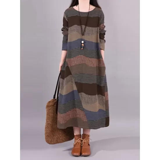 Artistic Retro Loose Ramie Cotton Striped Multi-Colored Round-Neck Long Sleeves Midi Dress Artistic Retro Loose Ramie Cotton Striped Multi-Colored Round-Neck Long Sleeves Midi Dress