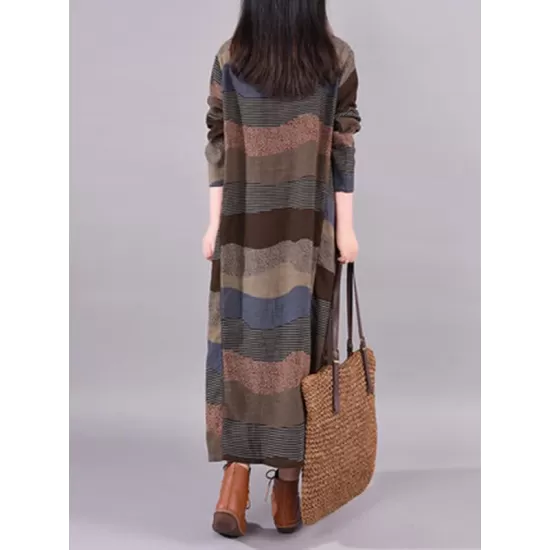 Artistic Retro Loose Ramie Cotton Striped Multi-Colored Round-Neck Long Sleeves Midi Dress Artistic Retro Loose Ramie Cotton Striped Multi-Colored Round-Neck Long Sleeves Midi Dress