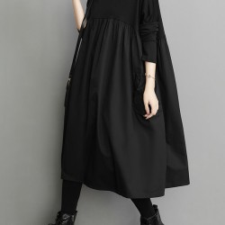 Simple Loose Black Split-Joint Long Sleeves Midi Dress