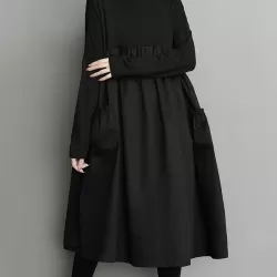 Simple Loose Black Split-Joint Long Sleeves Midi Dress