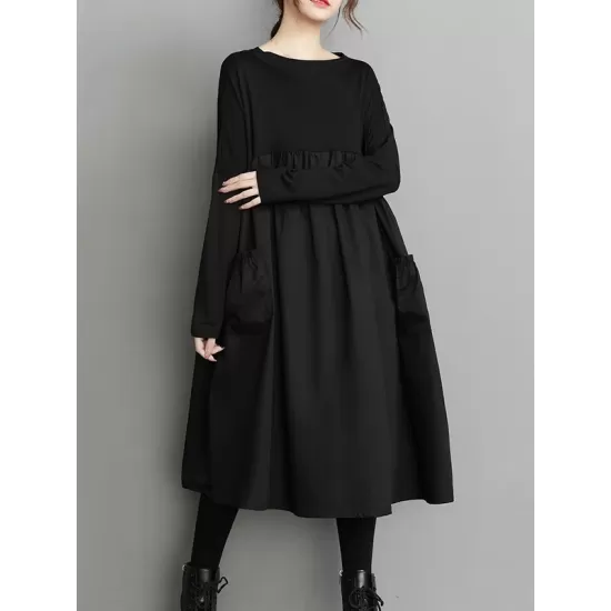 Simple Loose Black Split-Joint Long Sleeves Midi Dress Simple Loose Black Split-Joint Long Sleeves Midi Dress