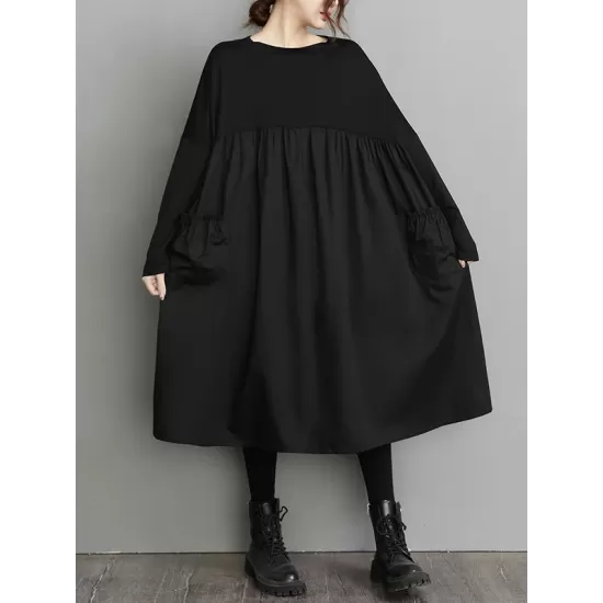 Simple Loose Black Split-Joint Long Sleeves Midi Dress Simple Loose Black Split-Joint Long Sleeves Midi Dress