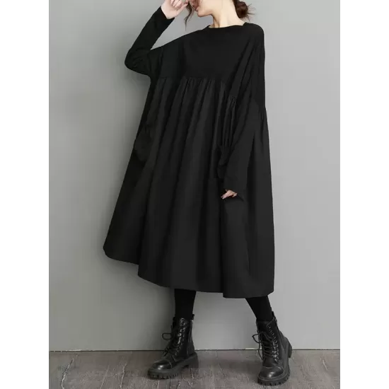 Simple Loose Black Split-Joint Long Sleeves Midi Dress Simple Loose Black Split-Joint Long Sleeves Midi Dress