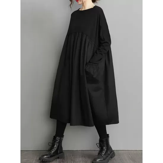 Simple Loose Black Split-Joint Long Sleeves Midi Dress Simple Loose Black Split-Joint Long Sleeves Midi Dress