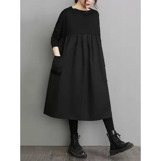 Simple Loose Black Split-Joint Long Sleeves Midi Dress Simple Loose Black Split-Joint Long Sleeves Midi Dress