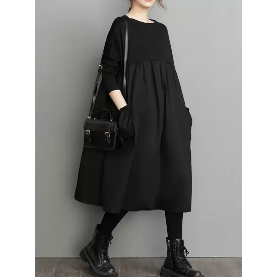 Simple Loose Black Split-Joint Long Sleeves Midi Dress Simple Loose Black Split-Joint Long Sleeves Midi Dress