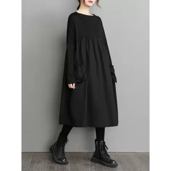 Simple Loose Black Split-Joint Long Sleeves Midi Dress Simple Loose Black Split-Joint Long Sleeves Midi Dress