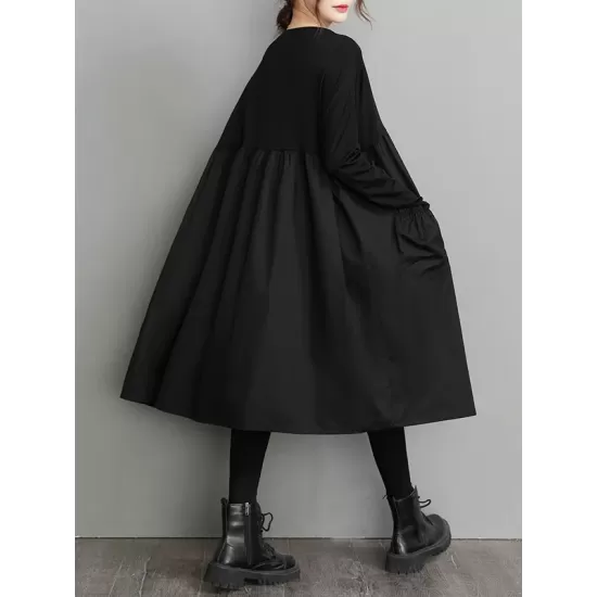 Simple Loose Black Split-Joint Long Sleeves Midi Dress Simple Loose Black Split-Joint Long Sleeves Midi Dress