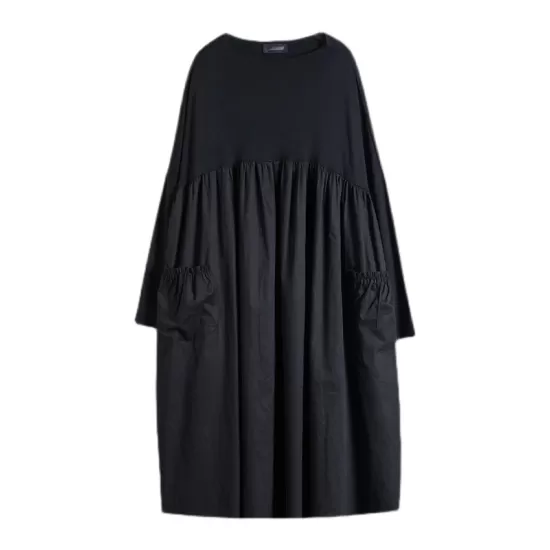 Simple Loose Black Split-Joint Long Sleeves Midi Dress Simple Loose Black Split-Joint Long Sleeves Midi Dress