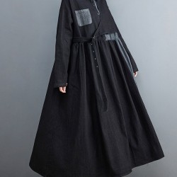 Original Loose Denim Split-Joint Tied Lapel Collar Long Sleeves Midi Dress