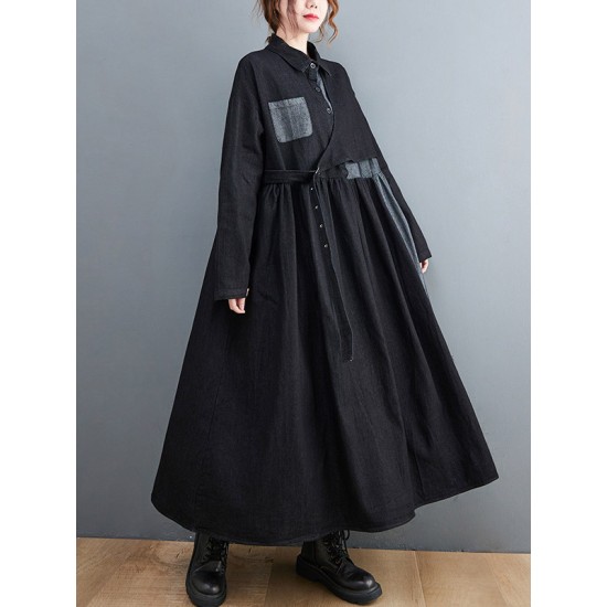 Original Loose Denim Split-Joint Tied Lapel Collar Long Sleeves Midi Dress Original Loose Denim Split-Joint Tied Lapel Collar Long Sleeves Midi Dress