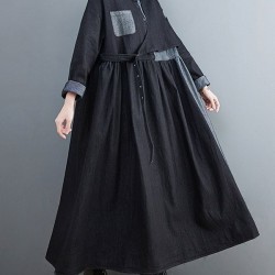 Original Loose Denim Split-Joint Tied Lapel Collar Long Sleeves Midi Dress