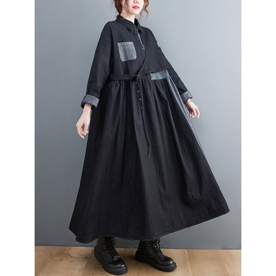 Original Loose Denim Split-Joint Tied Lapel Collar Long Sleeves Midi Dress Original Loose Denim Split-Joint Tied Lapel Collar Long Sleeves Midi Dress