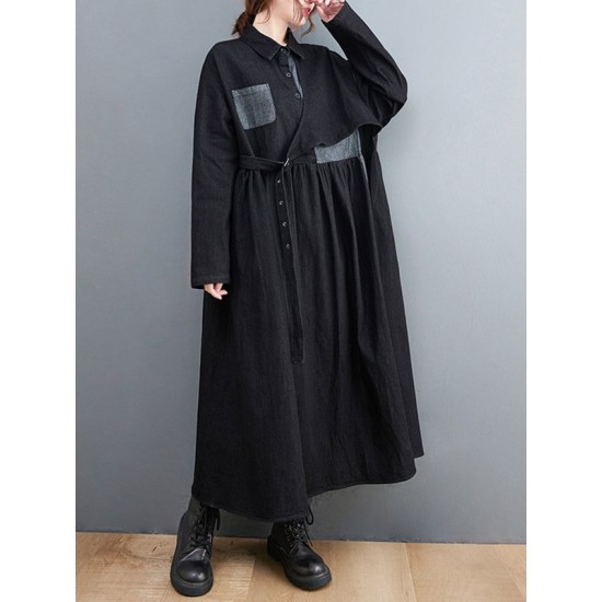 Original Loose Denim Split-Joint Tied Lapel Collar Long Sleeves Midi Dress Original Loose Denim Split-Joint Tied Lapel Collar Long Sleeves Midi Dress