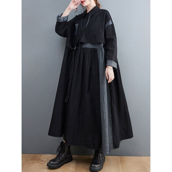 Original Loose Denim Split-Joint Tied Lapel Collar Long Sleeves Midi Dress Original Loose Denim Split-Joint Tied Lapel Collar Long Sleeves Midi Dress