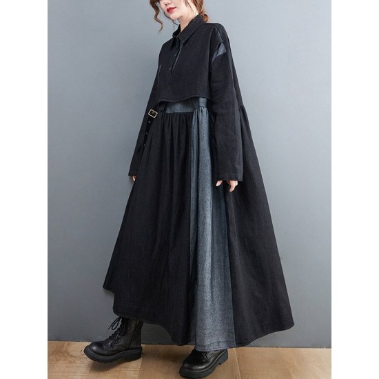 Original Loose Denim Split-Joint Tied Lapel Collar Long Sleeves Midi Dress Original Loose Denim Split-Joint Tied Lapel Collar Long Sleeves Midi Dress