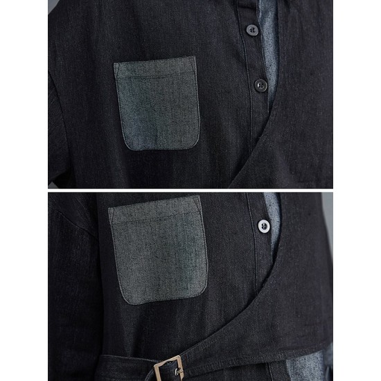 Original Loose Denim Split-Joint Tied Lapel Collar Long Sleeves Midi Dress Original Loose Denim Split-Joint Tied Lapel Collar Long Sleeves Midi Dress
